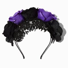 Claire's Purple & Black Roses Headband Dead Costume, Crown Hair Clip, Sensitive Ears Earrings, Piercing Kit, Flower Crown Hairstyle, Goth Accessories, Special Occasion Hairstyles, Pastel Goth Fashion, Tiara Hairstyles