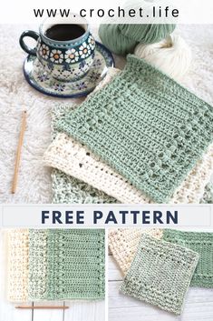 the crochet pattern is shown with yarn and knitting needles