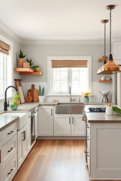 Modern kitchen with white cabinets, stainless steel appliances, and wooden shelves holding decorative plants and kitchen items. Cozy Rustic Living Room, Dreamy Farmhouse, Rustic Industrial Coffee Table, Warm Farmhouse