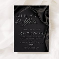 an all black affair party card with silver foil lettering on the front and back cover