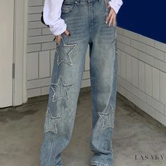 Lasaky - Womens Blue Star Patched Denim Pants: Wide Leg, Loose Fit, High Waist Straight Jeans Edge Embroidery, High Waist Straight Jeans, Patched Denim, Streetwear Chic, Casual Denim Pants, Straight Leg Pant, Loose Trousers, Denim Patches, Jeans Casual