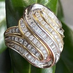 HUGE Baguette Round Diamond 14K Yellow White Gold Cocktail Swirl Journey Ring 9 | eBay Diamond Vintage Ring, Shaggy Short Hair, Swirl Ring, Wave Ring, Vintage Diamond Rings, Gold Cocktail, Rings Diamond, Diamond Cocktail Rings, Bling Rings