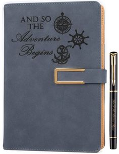 an adventure begins journal with a pen next to it and the words and so the adventure begins