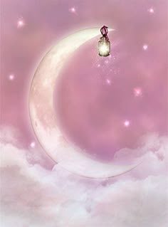 a pink sky with a crescent moon and a lantern hanging from the ceiling above it