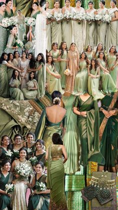 a collage of women dressed in green and gold