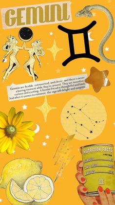 an image of the zodiac sign and its symbols on a yellow background with stars, lemons, and other things