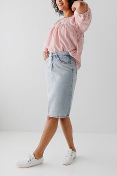 The 'Kyra' is another one of our very own exclusive denim skirts. Designed with everyday wear in mind, this skirt will pair well with just about any casual top in your wardrobe! This denim skirt is 100% cotton and does not have stretch, giving it a vintage vibe we love! Every woman needs a classic, straight denim skirt in her closet and this skirt is an excellent choice! Available in light or vintage wash. 100% Cotton Machine Wash Cold Gentle Cycle Do Not Bleach Hang to Dry Do Not Dry Clean Mode Spring Knee-length Lined Denim Skirt, High Waist Medium Wash Cotton Denim Skirt, High Waist Medium Wash Denim Skirt, Chic Light Wash Denim Skirt, High Waist Relaxed Fit Cotton Denim Skirt, Spring Cotton Mini Denim Skirt, Trendy Cotton Skirt For A Day Out, High Rise Cotton Skirt In Medium Wash, Trendy Relaxed Denim Blue Skirt