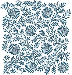 a blue and white pattern with leaves on the bottom, which is drawn in two different ways