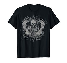 a black t - shirt with an image of a skeleton and wings on the chest