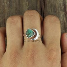 Grandma Ring, Raw Emerald Ring, Half Moon Ring, Silversmith Rings, Silversmithing Jewelry, Rock Rings, Crescent Moon Ring, Raw Emerald, Artisan Rings