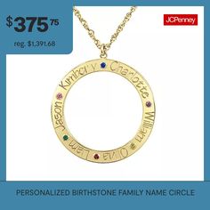 This personalized family pendant necklace is a sentimental, stylish jewelry piece you'll love wearing. Made from Sterling Silver, it features a round cut-out pendant necklace inscribed with every family member name and birthstone. Features: Family Jewelry, PersonalizedJewelry Closure: Spring Ring ClaspLink Construction: SolidStone Cut: RoundMetal Color: YellowChain Length: 18 InchChain Width: 1 MillimetersPendant Length: 28mmPendant Width: 28mmChain Construction: RopeMetal: 10k GoldNecklace Typ… Mother's Day Round Birthstone Necklace, Customizable Round Birthstone Necklace For Mother's Day, Customizable Round Birthstone Necklace For Anniversary, Customizable Round Pendant Jewelry For Mother's Day, Customizable Round Jewelry For Mother's Day, Customizable Jewelry For Mother's Day, Personalized Round Pendant Birthstone Necklace, Customizable Round Birthstone Necklace For Personalized Gift, Customizable Birthstone Necklace For Personalized Gift