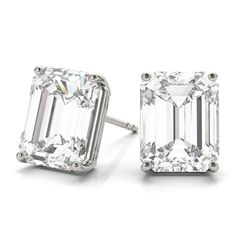 Outstanding Moissanites set in a prong setting form these designer Moissanite stud earrings. Showcased in these shimmering earrings are 2 excellent cut F-G VVS1 Emerald Moissanites. These four-prong basket Moissanite earrings are handcrafted in 14kt white gold. #earrring #earrringsbijoux #earrrings #earring Emerald Cut Diamond Earrings, Emerald Diamond Earrings, Classy Earrings, Simple Stud Earrings, Emerald Cut Diamond, Moissanite Earrings, Diamond Stud Earrings, Diamond Stud, Emerald Cut Diamonds