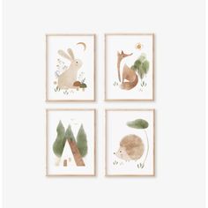 four framed prints with animals and trees on them in various shapes, sizes and colors