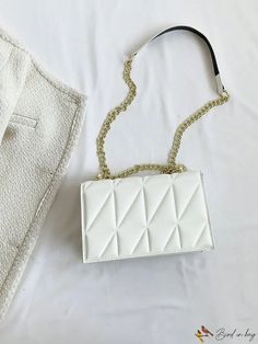 BirdinBag - Flap Chain Square Bag with Metal Letter Decoration - Compact and Stylish Everyday Square Shoulder Bag With Chain, Square Bag With Gold Chain For Daily Use, Trendy White Bag With Chain Strap, Everyday Square Shoulder Bag With Chain Strap, Trendy Rectangular Flap Bag With Chain Strap, Everyday Rectangular Flap Bag With Chain Strap, White Bags With Chain Strap As Gift, White Rectangular Bag With Chain, Square Bags With Gold Chain For Everyday Use