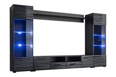 a black entertainment center with blue lights on the doors and shelves in front of it