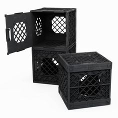 three black crates with lattice designs on them