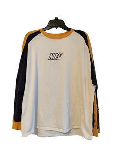 Vintage Nike Long Sleeve T-shirt Embroidered Spell Out Size XL Multicolored. Condition is Pre-Owned. In Excellent Condition. Ships via USPS First Class Mail. See Images For Measurements. Where To Find Vintage Nike Sweaters, Nike Crew Neck Graphic Print Tops, Yellow Crew Neck Top With Graphic Print, Nike Crew Neck Tops For College, Sporty Yellow Long Sleeve T-shirt, 90s Long Sleeve T-shirt For Spring, 90s Style Long Sleeve T-shirt For Spring, Yellow Sporty Crew Neck Tops, Yellow Crew Neck Top With Letter Print