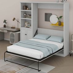 a bedroom with a bed, desk and bookcase in the corner next to it