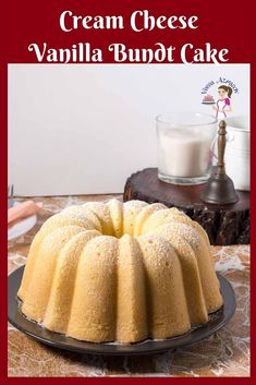 a bundt cake on a plate with the words cream cheese pound in front of it