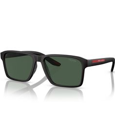 From Prada&#x2C; these men's sunglasses feature: Acetate frameRectangle shapeSolid lensRx-ableNon PolarizedApprox. 58mm lens - 17mm bridge - 145mm templeImported. Prada Men, Mens Eyewear, Rectangle Sunglasses, Men's Sunglasses, Dillard's, Eyewear Sunglasses, Black Green, Sunglasses Accessories, Prada