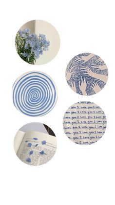 four plates with blue and white designs on them