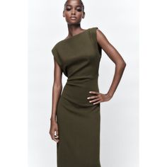 Nwt Zara Draped Midi Dress Gorgeous Dress! Bloggers' Favorite! Midi Dress With Wide Collar. Sleeveless. Detail With Draped Fabric. Slit In The Back. Buttoning At The Side With A Hidden Zipper In The Seam. Khaki 8790/520 Color Is Closer To Olive Green New With Tags Size S Green Box Zara Clothes, Boat Neck Midi Dress, Draped Midi Dress, Zara Midi Dress, Draped Midi Dresses, Olive Green Dresses, Halter Midi Dress, Cotton Midi Dress, Khaki Dress