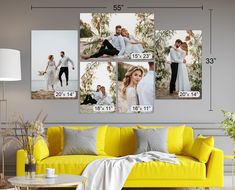 a yellow couch in front of a white wall with pictures hanging on it's side