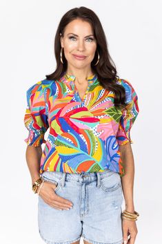 Quinn Top Colorful V-neck Blouse For Vacation, Tropical V-neck Top With Vibrant Print, Patterned Blouse With Bold Print, Vibrant Colorful Summer Blouse, Multicolor Blouse With Bold Print For Summer, Bohemian Multicolor Bold Print Blouse, Multicolor Bold Print Blouse For Vacation, Bohemian Multicolor Blouse With Bold Print, Multicolor Bohemian Blouse With Bold Print