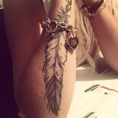 a woman's arm with a tattoo on it and a feather charm hanging from the wrist