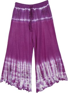 A simple and chic pair of hippie pants in lightweight and soft fabric for summers.  These purple bohemian palazzo pants in jersey cotton with white tie dye effect and floral deigns are ideal for yoga classes or beach vacations. #tlb #SplitSkirtsPants #JuniorPetite #vacationclothing #TieDye #tiedyecapris #bohemiancapris White Rayon Bottoms For Summer, White Bohemian Harem Pants For Summer, White Hippie Bottoms For Summer, White Rayon Summer Pants, Bohemian Tie Dye Cotton Bottoms, Bohemian Tie Dye Harem Pants For Spring, Bohemian Tie-dye Harem Pants For Spring, Cotton Tie-dye Pants, Summer Purple Wide Leg Harem Pants