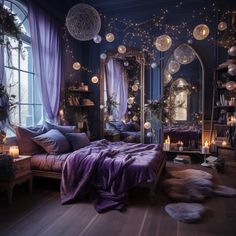 a bedroom decorated in purple and gold with lots of lights on the windowsills