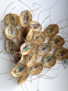 an arrangement of dried leaves with blue eyes on them