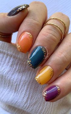 jewel toned nails, fall nails, autumn nails, autumn nail trends, autumn nails 2022, fall nails 2022, nail ideas for fall, french tip nails autumn, fall french tip nails, brown nails, fall color nails, fall nail colors, fall nail designs, autumn nail designs Bright Colored Nail Ideas, 2023 Fall Nail Designs, Autumn Fingernails, Nails Jewel Tones, September Nails, Colorful Nail