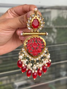 Beautiful dangler earrings with Kundan gold detailing available in  stunning RED color ! They add elegance to every outfit! Navratri Kundan Bridal Earrings With Intricate Design, Zari Work Earrings For Wedding And Diwali, Zari Work Earrings For Diwali Wedding, Diwali Wedding Earrings With Zari Work, Gold Kundan Danglers With Zari Work, Temple Jewelry Chandbalis With Intricate Design For Party, Red Kundan Jhumkas With Intricate Design, Elegant Festival Zari Work Danglers, Elegant Zari Work Danglers For Festivals