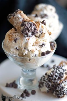 chocolate chip cookies and cream ice cream in a glass bowl