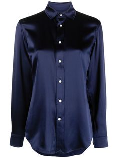 navy blue silk satin finish front button fastening classic collar long sleeves buttoned cuffs curved hem Blue Silk Shirt Outfit, 18th Dress, Navy Silk Shirt, Sisters Outfits, Modern Preppy Style, Addison Aesthetic, Silk Shirt Outfit, Rounded Wardrobe, Blue Candle