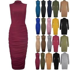 Premium Quality Womens Polo Turtle High Neck Midi Dress Ladies Ruched Sleeveless Soft Bodycon, Womens Dresses Ruched Sleeveless Dress For Fall, Sleeveless Stretch Midi Dress For Fall, Stretch Sleeveless Midi Dress For Fall, Stretch Sleeveless Ruched Midi Dress, Stretch Ruched Sleeveless Knee-length Dress, Fall Sleeveless Ruched Mini Dress, High Neck Bodycon Dress, High Neck Midi Dress, Neck Bodycon Dress