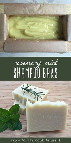 homemade mint shampoo bar recipe on a wooden cutting board with the text rosemary mint shampoo bars