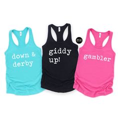 Kentucky Derby Party Tank Tops, Derby Party Tanks, Kentucky Derby Accessories, Horse Racing Tank Top, Kentucky Derby Shirts, Derby Shirts This listing is for ( 1 ) Next Level women's tank top of your choice of color, available in sizes XS - 2X.  To order MULTIPLES, add tanks to cart one at a time. RACERBACK TANK DETAILS:  Excellent quality Next Level® women's slimmer fit tank with super soft, lightweight material. The perfect choice for women looking for a standard fitting tank in those warmer m Fun Sports Crew Neck Tops, Fun Sports Tops With Letter Print, Fun Letter Print Sports Top, Demolition Derby, Party Tank Top, Kentucky Derby Party, Derby Party, Kentucky Derby, Horse Racing