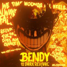 the poster for bendy and the dark revival is lit up with neon yellow lights