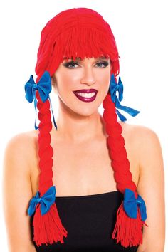 You bought the perfect racy rag doll costume, now you just need the perfect wig to go with it!  That is where this awesome yarn wig comes in.  This red yarn wig has a nice fringe of bangs and two full braids.  The top and the bottom of the braids have blue bows.  The cap is a red mesh fabric.  Wig is one sized fits most.  Pair it with some white thigh highs and white petticoat, sold separately. Raggedy Ann Costume, Testing Outfits, Rag Doll Costume, White Thigh Highs, Yarn Wig, Yarn Dolls, Red To Blonde, Doll Wig, Short Curly Wigs