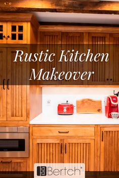 the words rustic kitchen makeover are overlaid by wood cabinets