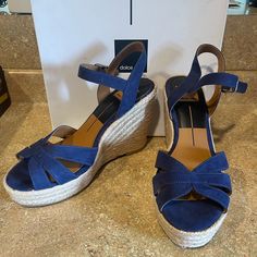 Never Worn, Navy Microsuede Platform Wedges. Casual Blue Suede Sandals, Blue Suede Casual Heels, Casual Suede Heels With Ankle Strap, High Wedges, Swim Shoes, Strappy Wedges, Dolce Vita Shoes, Platform Wedge Sandals, Distressed Black Jeans