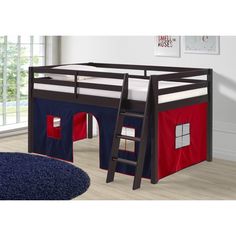 a bunk bed with a red, white and blue tent