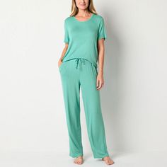 You'll love adding this Liz Claiborne women's Cool and Calm 2-piece pajama set to your wind-down routine. It's made from pointelle fabric with breathable, temperature-regulating, and moisture-wicking fibers to activate cooling all night. It includes a scoop neck short-sleeve top and matching pants with an elastic-drawstring waistband and two side slip pockets. # Pieces In Set: 21st Piece Description: Top1st Piece Apparel Length: 25.5 Inches1st Piece Fabric: Knit1st Piece Fiber Content: 97% Rayon Solid Color Relaxed Fit Pant Set For Loungewear, Relaxed Fit Lounge Pant Set, Casual Green Pant Set For Loungewear, Green Loungewear Sets With Long Pants, Green Lounge Sets With Long Pants, Green Loungewear Sets, Pointelle Fabric, Matching Pants, Pajama Sets