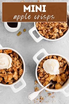 three white bowls filled with apple crispes and topped with ice cream