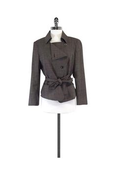 Current Boutique-Max Mara - Brown Wool Asymmetric Jacket Sz 12 Elegant Asymmetrical Single-breasted Outerwear, Tailored Belted Outerwear For Office, Asymmetrical Single Breasted Outerwear For Office, Asymmetrical Single-breasted Outerwear For Work, Asymmetrical Blazer For Business In Spring, Asymmetrical Business Blazer For Fall, Asymmetrical Single-breasted Outerwear For Office, Asymmetrical Spring Business Blazer, Spring Asymmetrical Business Blazer