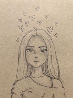 a drawing of a girl with hearts above her head