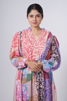 Multi colored fit and flared dress with ornament floral prints and embroidered bodice. - Aza Fashions Multicolor Maxi Length Embroidered Dress For Festive Occasions, Multicolor Anarkali Dress With Long Sleeves, Multicolor Long Sleeve Anarkali Dress, Pink Anarkali Dress With Floral Print, Festive Long Dress With Floral Print, Festive Long Floral Print Dress, V-neck Floral Print Dress With Multicolor Embroidery, Multicolor Block Print Dress For Festive Occasion, Festive Multicolor Dress With Printed Motifs