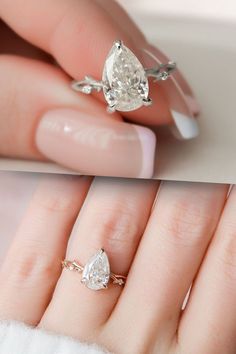 a woman's hand holding a ring with a pear shaped diamond on it and another photo